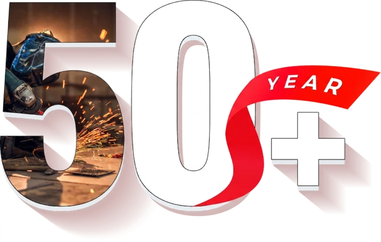 A 3D graphic illustrating "50+" in large white numbers with drop shadows. A worker and sparks are visible inside the "5". A red ribbon with "YEAR" wraps around the "0", next to a white plus sign, all against a clean white background.